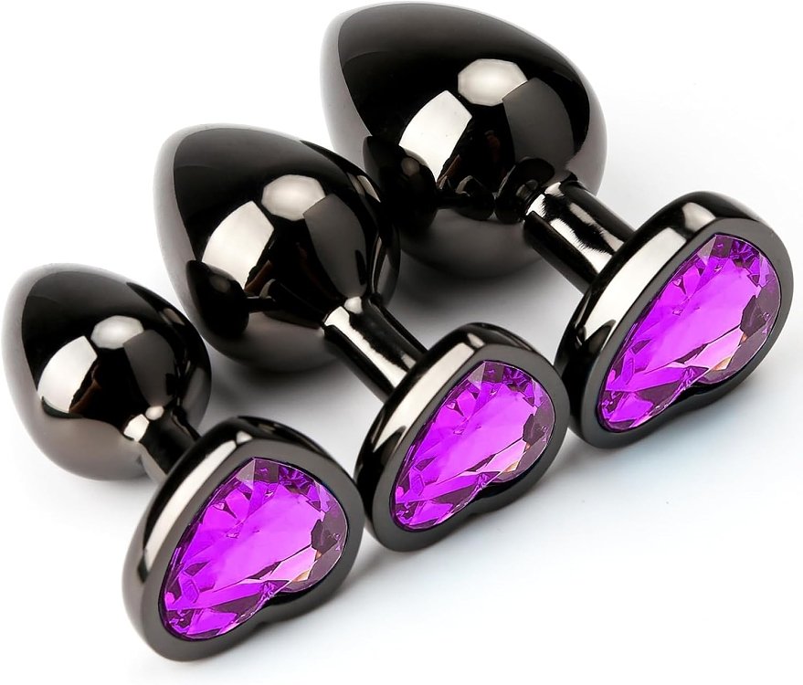SMD Analyzer Triple, Butt Plug Set, Πρωκτική Σφήνα Σετ των 3 (S / M / L ), Black / Purple Heart