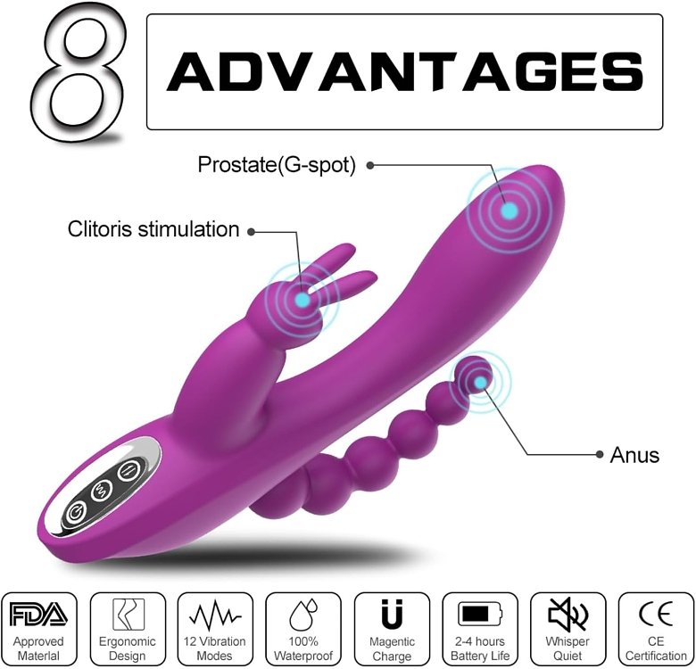 SMD Trinity Pro, 3-in-1 Rabbit G-Spot Vibrator With Anal Beads, 10 Vibration Modes, 21cm, Purple
