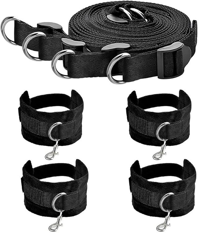 SMD Immobiliser, BDSM Bed Restraint System, με Ιμάντες, Χειροπέδες, Μάσκα και Tickler, Black