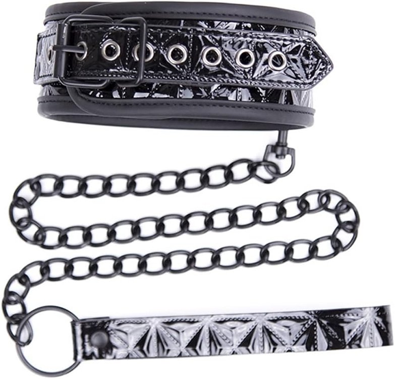 SMD NoirGuard, Leather Choker and Chain Leash, Περιλαίμιο με Λουρί Αλυσίδας, Black