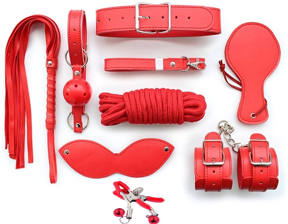 SMD Dominator Red, Full BDSM Bondage Restrain Gear, Complete BDSM Set with 9 Accessories, Red