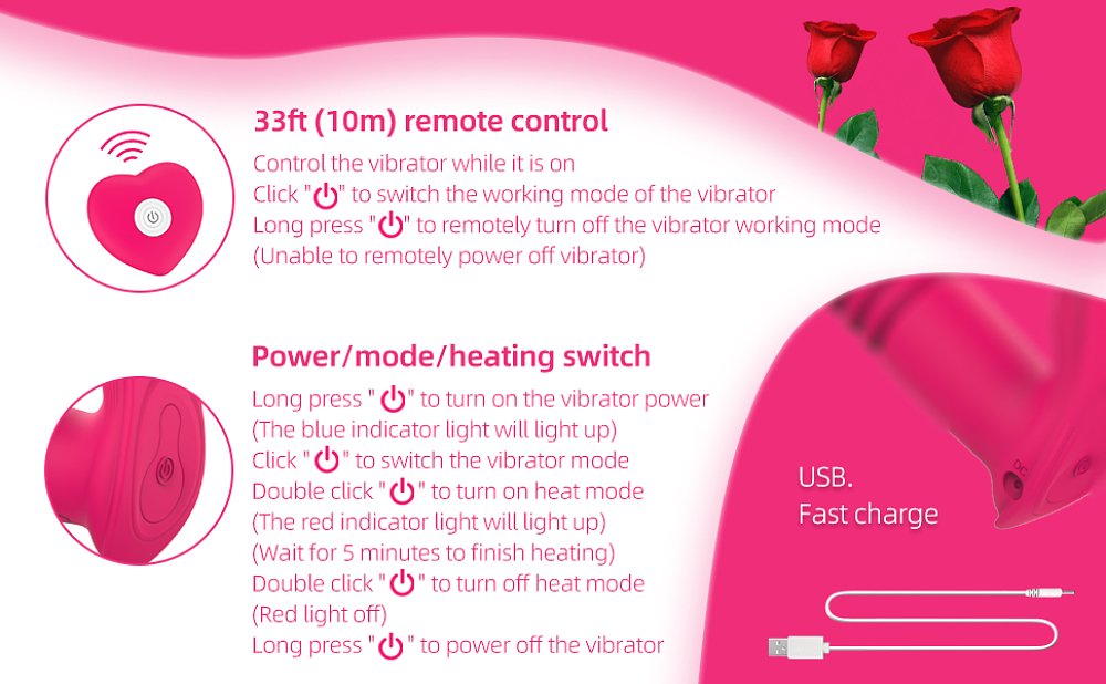 SMD Eros Rex, 3-in-1 Thrusting & Heating Vibrator With Remote Control, 12 Vibration & Thrust Modes, Red