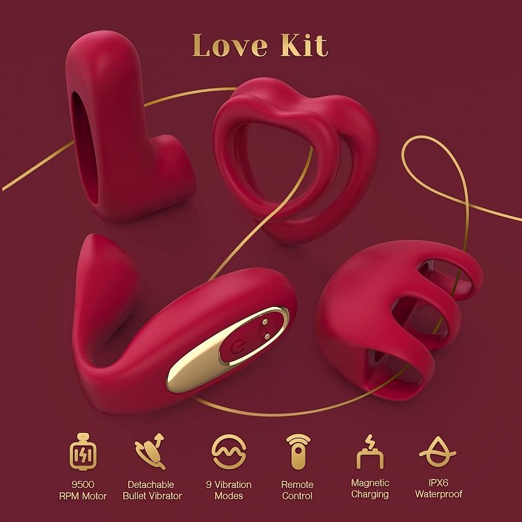 Tracy's Dog LOVE Remote Couple Interactive Kit, Dual Cock Ring, Couple & Finger Vibrator with Vibrating Bullet, Red