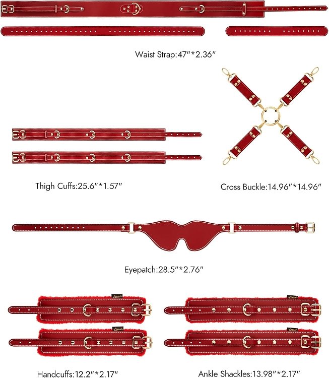 SMD Master's Prey, BDSM Restrain Kit, Adjustable Hand,Ankle & Thigh Cuffs With Waist Strap & BlindFold, PU Leather Harness, Red