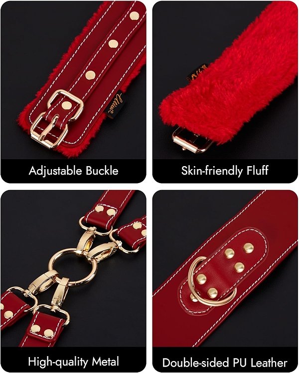 SMD Master's Prey, BDSM Restrain Kit, Adjustable Hand,Ankle & Thigh Cuffs With Waist Strap & BlindFold, PU Leather Harness, Red
