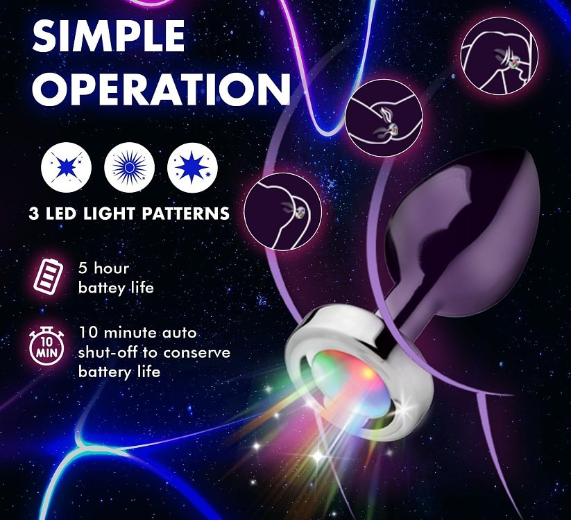 SMD Light Up Booty Butt Plug, Μεταλλική Πρωκτική Σφήνα με Led Light Show, 7cm, Silver