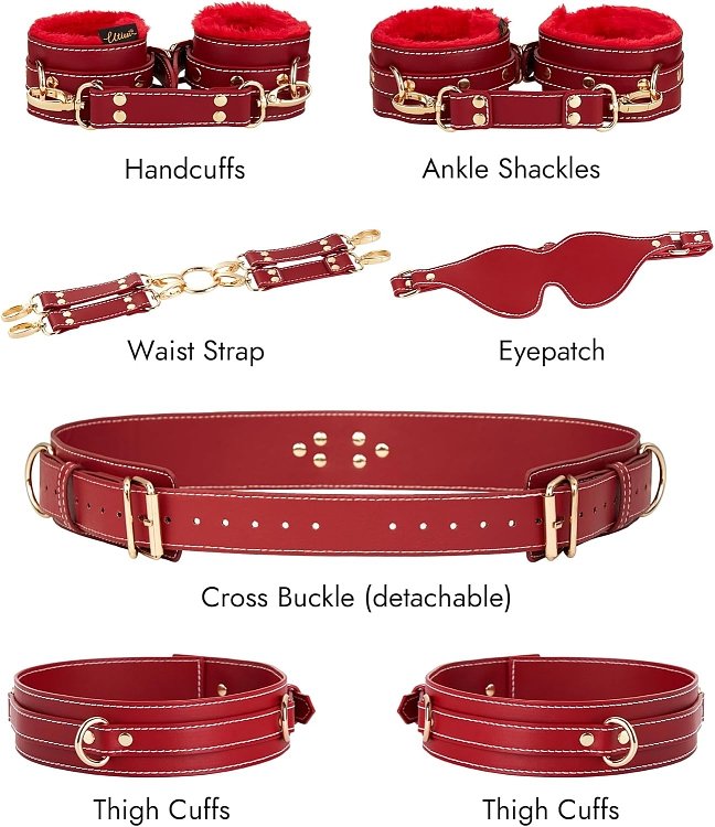 SMD Master's Prey, BDSM Restrain Kit, Adjustable Hand,Ankle & Thigh Cuffs With Waist Strap & BlindFold, PU Leather Harness, Red