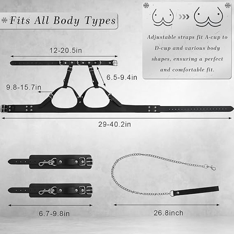 SMD Maitresse Asservie, Bondage Breast Harness with Adjustable Handcuffs, Collar & Leash, Black