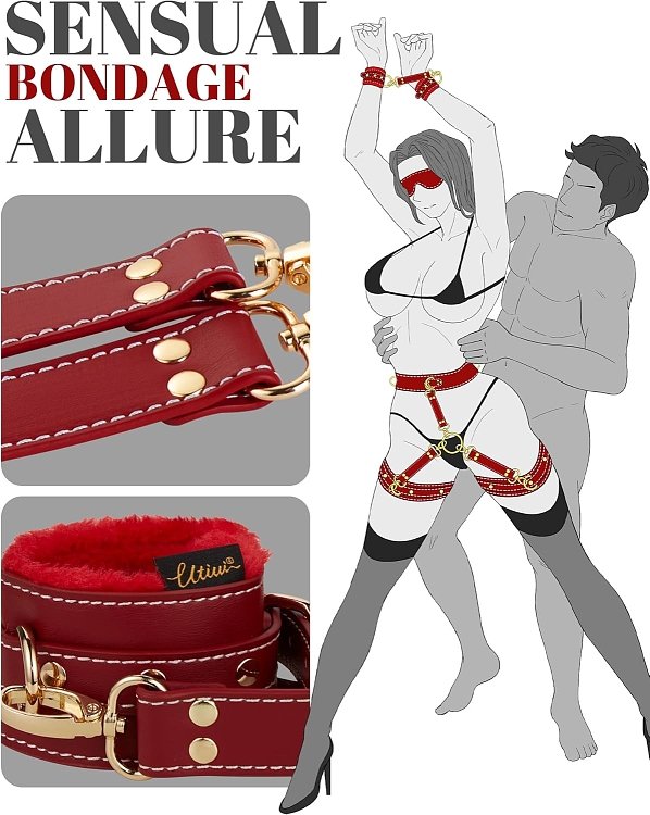 SMD Master's Prey, BDSM Restrain Kit, Adjustable Hand,Ankle & Thigh Cuffs With Waist Strap & BlindFold, PU Leather Harness, Red