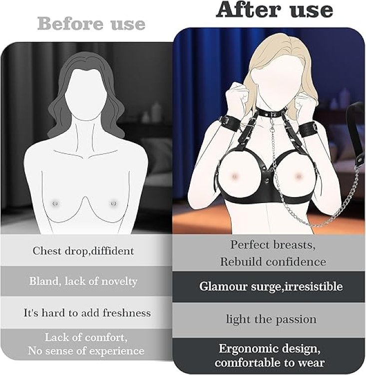 SMD Maitresse Asservie, Bondage Breast Harness with Adjustable Handcuffs, Collar & Leash, Black