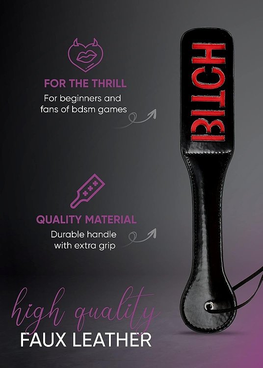 SMD BXTCH Fetish Spanking Paddle Series, BDSM Imprint Spanking Paddle, Faux Leather, 32cm, Black/Red