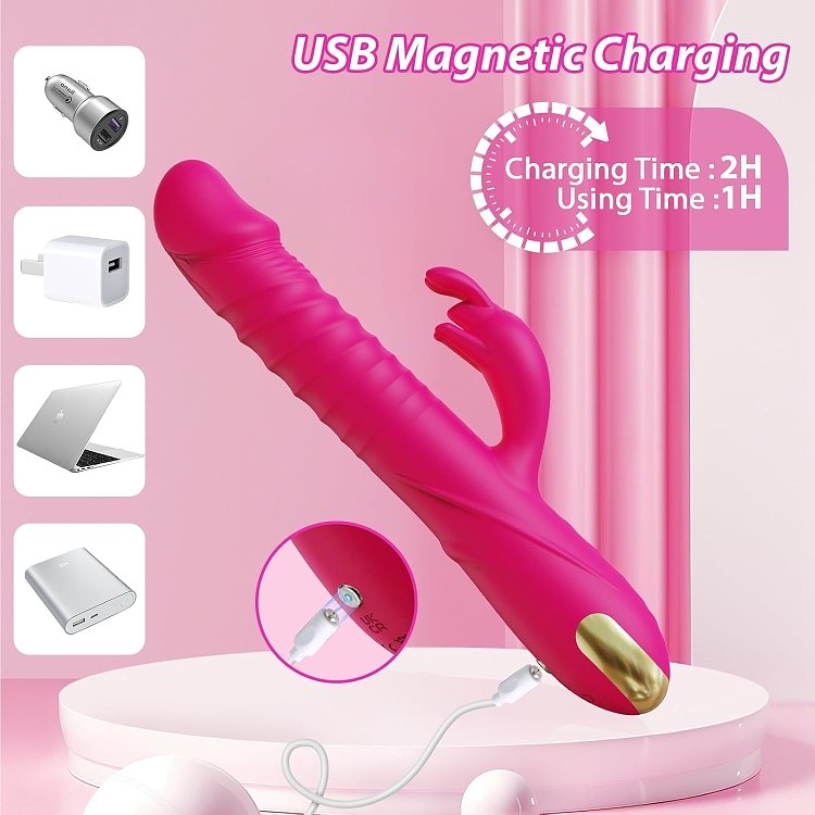 SMD Holy Motors, Rabbit Clitoral Stimulation and G Spot Vibrator 2-in1, Διπλός Δονητής με 3 Thrusting & 10 Vibrating Modes, Pink