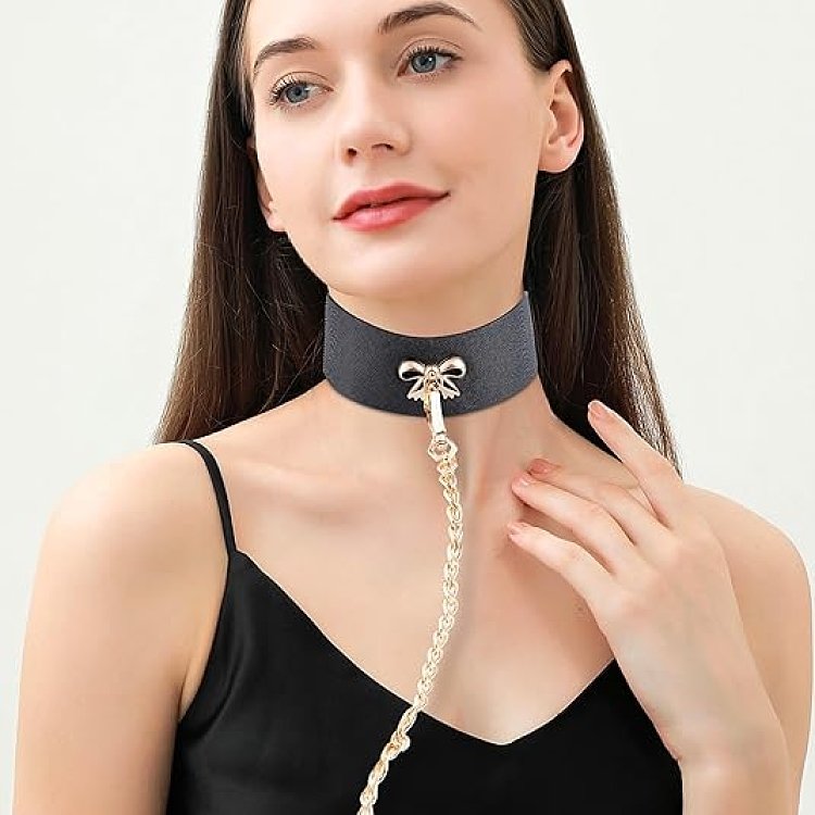 SMD Master & Servant, Adjustable Leather Bow Collar with Chain Leash, Submissive Κολάρο με Λουρί, Gold/Black