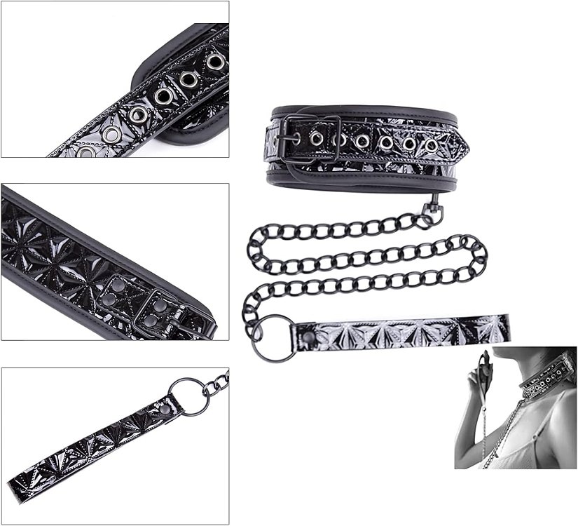 SMD NoirGuard, Leather Choker and Chain Leash, Περιλαίμιο με Λουρί Αλυσίδας, Black