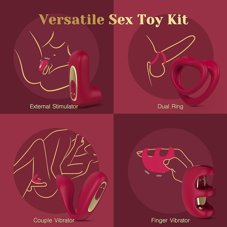 Tracy's Dog LOVE Remote Couple Interactive Kit, Dual Cock Ring, Couple & Finger Vibrator with Vibrating Bullet, Red
