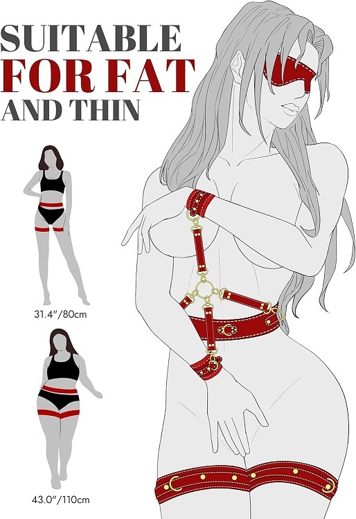 SMD Master's Prey, BDSM Restrain Kit, Adjustable Hand,Ankle & Thigh Cuffs With Waist Strap & BlindFold, PU Leather Harness, Red