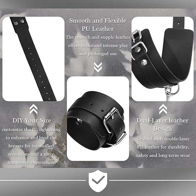 SMD Maitresse Asservie, Bondage Breast Harness with Adjustable Handcuffs, Collar & Leash, Black