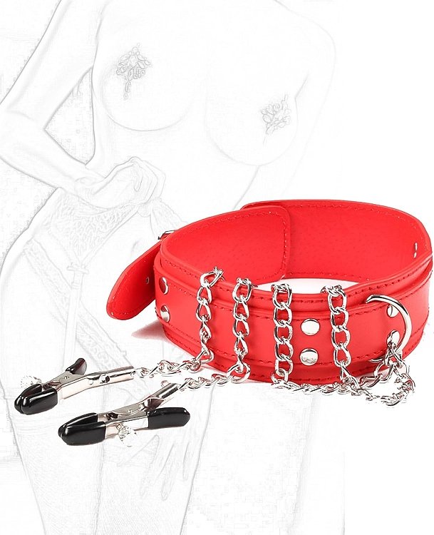 SMD Nachtschicht, Nipple Clamps & Collar with Chain BDSM Set, Σφιγκτήρες Θηλών και Αλυσίδα με Κολάρο, Black/Red
