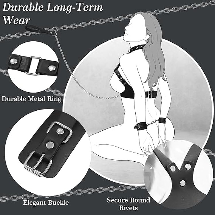 SMD Maitresse Asservie, Bondage Breast Harness with Adjustable Handcuffs, Collar & Leash, Black