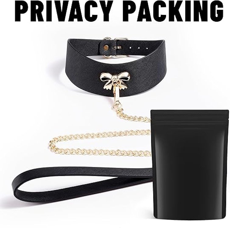 SMD Master & Servant, Adjustable Leather Bow Collar with Chain Leash, Submissive Κολάρο με Λουρί, Gold/Black