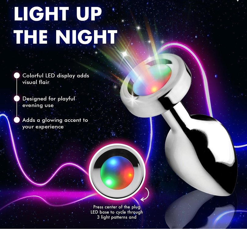 SMD Light Up Booty Butt Plug, Μεταλλική Πρωκτική Σφήνα με Led Light Show, 7cm, Silver