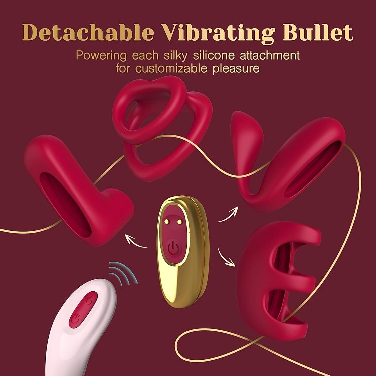 Tracy's Dog LOVE Remote Couple Interactive Kit, Dual Cock Ring, Couple & Finger Vibrator with Vibrating Bullet, Red