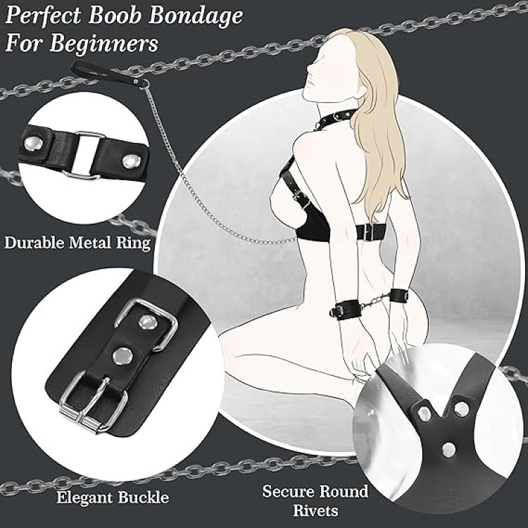 SMD Maitresse Asservie, Bondage Breast Harness with Adjustable Handcuffs, Collar & Leash, Black