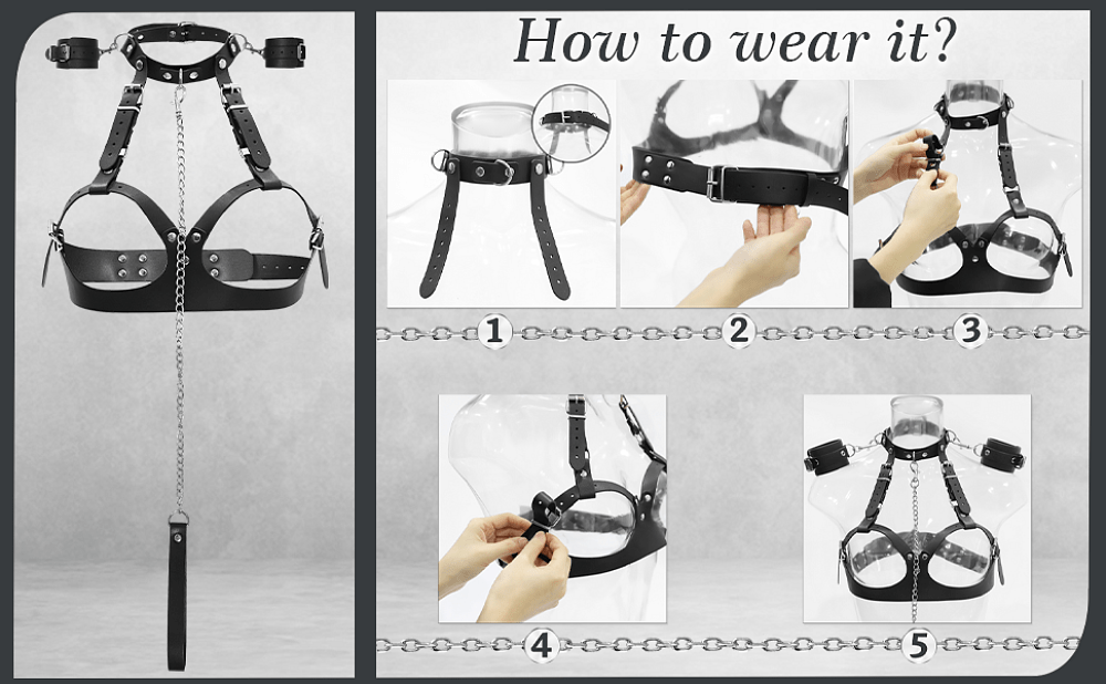 SMD Maitresse Asservie, Bondage Breast Harness with Adjustable Handcuffs, Collar & Leash, Black