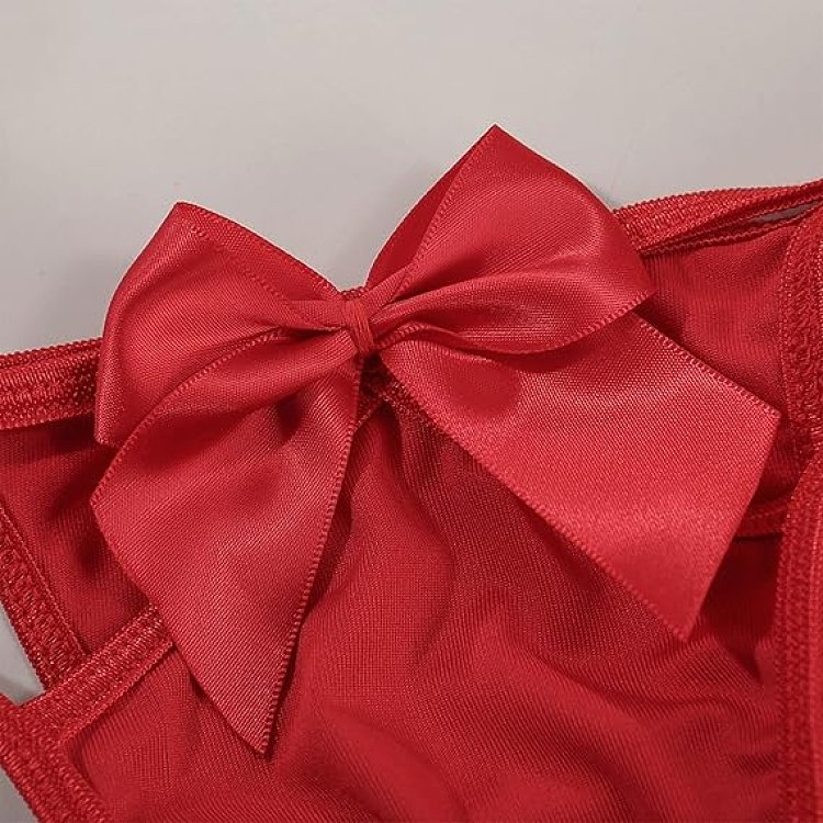 SMD Red Temptation Lingerie Set, Red Satin Bow Open-Cup Bra & Matching Panty, Red