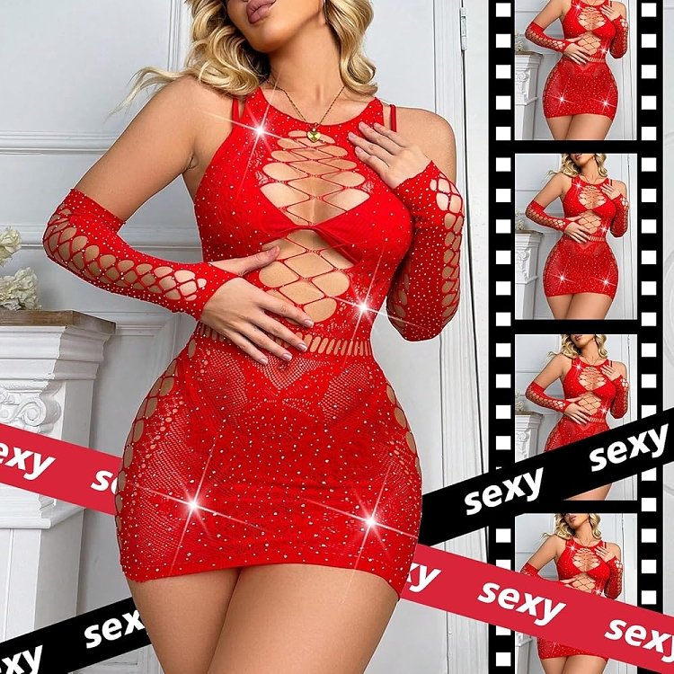 SMD Intimate Series Scarlett Crush, Sparkly Fishnet Rhinestone Bodysuit, Sexy Εφαρμοστό Διχτυωτο Φόρεμα, One Size, Red