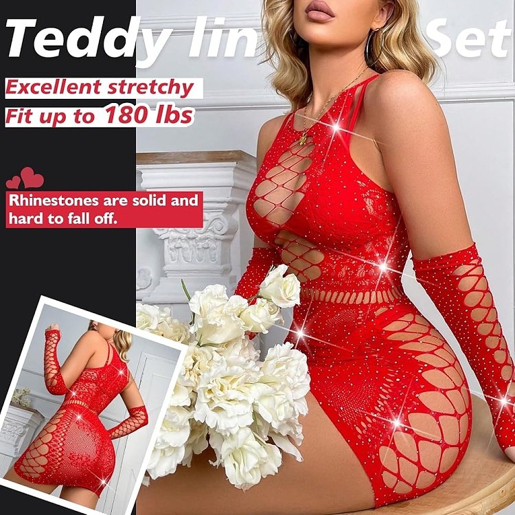 SMD Intimate Series Scarlett Crush, Sparkly Fishnet Rhinestone Bodysuit, Sexy Εφαρμοστό Διχτυωτο Φόρεμα, One Size, Red