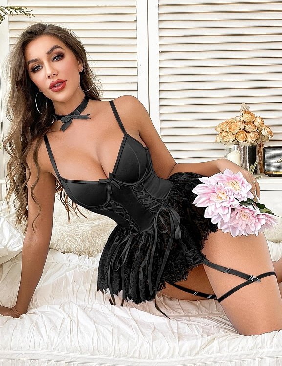 SMD Tight Love Full Sexy Lingerie Set, Lace Teddy Set with Underwire, Peplum Skirt, Garter Straps & Thong