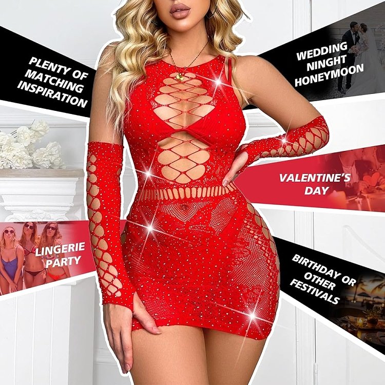 SMD Intimate Series Scarlett Crush, Sparkly Fishnet Rhinestone Bodysuit, Sexy Εφαρμοστό Διχτυωτο Φόρεμα, One Size, Red