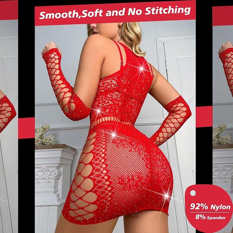 SMD Intimate Series Scarlett Crush, Sparkly Fishnet Rhinestone Bodysuit, Sexy Εφαρμοστό Διχτυωτο Φόρεμα, One Size, Red