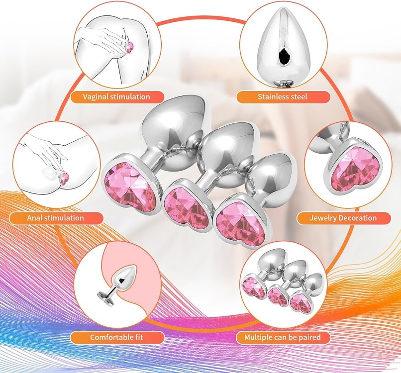 SMD Analyzer Triple, Butt Plug Set, Πρωκτική Σφήνα Σετ των 3 (S / M / L ), Silver / Pink Heart
