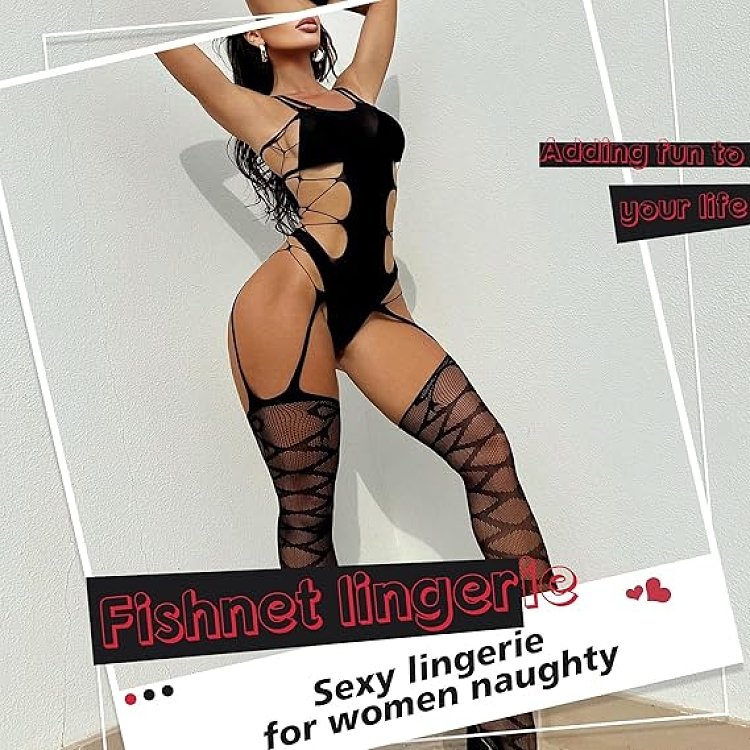 SMD Midnight Desire Noir Intimate Series, Sexy Fishnet & Lace Crotchless Garter Bodysuit, One Size, Black