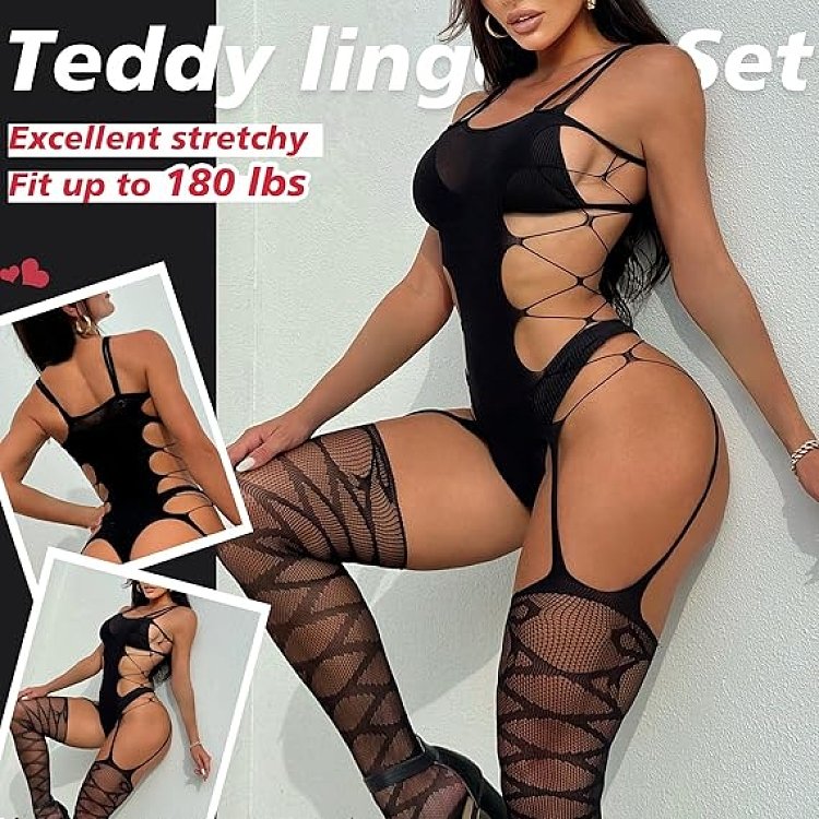 SMD Midnight Desire Noir Intimate Series, Sexy Fishnet & Lace Crotchless Garter Bodysuit, One Size, Black