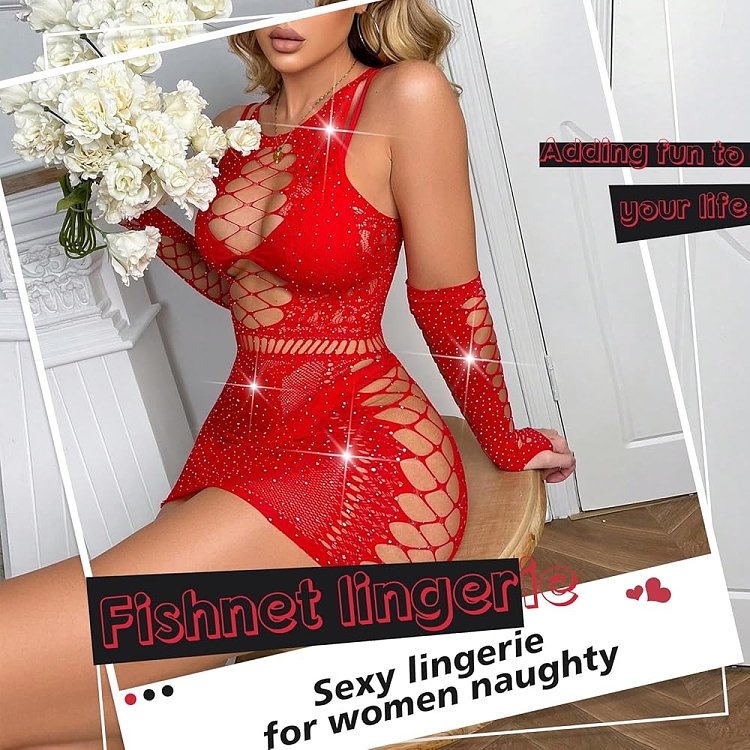 SMD Intimate Series Scarlett Crush, Sparkly Fishnet Rhinestone Bodysuit, Sexy Εφαρμοστό Διχτυωτο Φόρεμα, One Size, Red