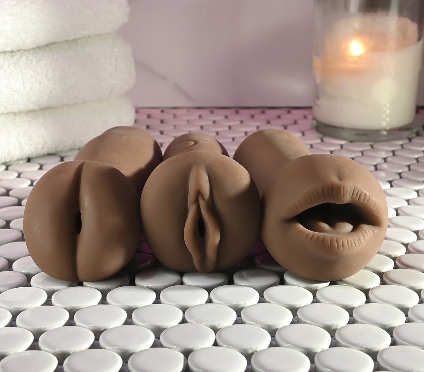 SMD Vixen Trio Fun, Set of 3 Masturbators with 3D Textured Realistic Pussy, Ass & Mouth + Vibrating Ring, Brown