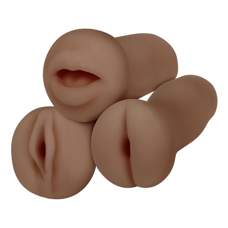 SMD Vixen Trio Fun, Set of 3 Masturbators with 3D Textured Realistic Pussy, Ass & Mouth + Vibrating Ring, Brown