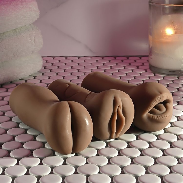 SMD Vixen Trio Fun, Set of 3 Masturbators with 3D Textured Realistic Pussy, Ass & Mouth + Vibrating Ring, Brown