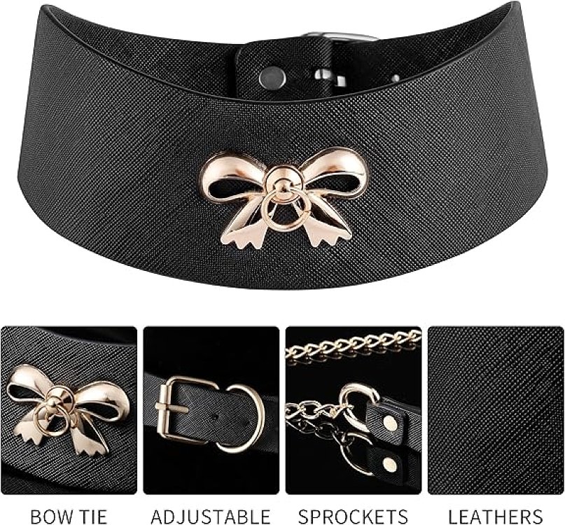 SMD Master & Servant, Adjustable Leather Bow Collar with Chain Leash, Submissive Κολάρο με Λουρί, Gold/Black
