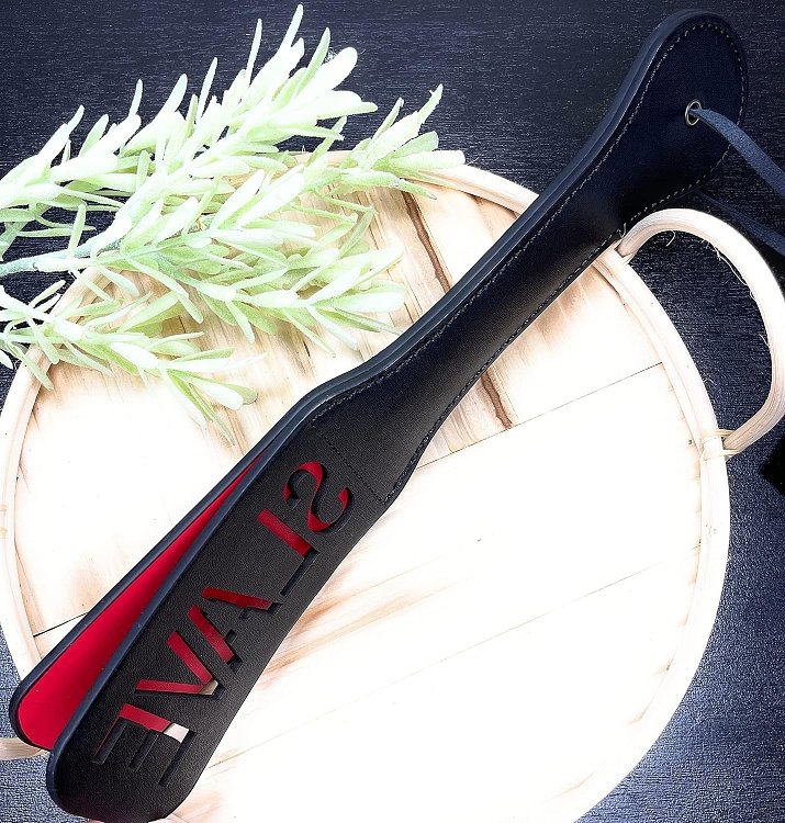 SMD SLAVE Fetish Spanking Paddle Series, BDSM Imprint Spanking Paddle από Faux Leather, 32cm, Black/Red