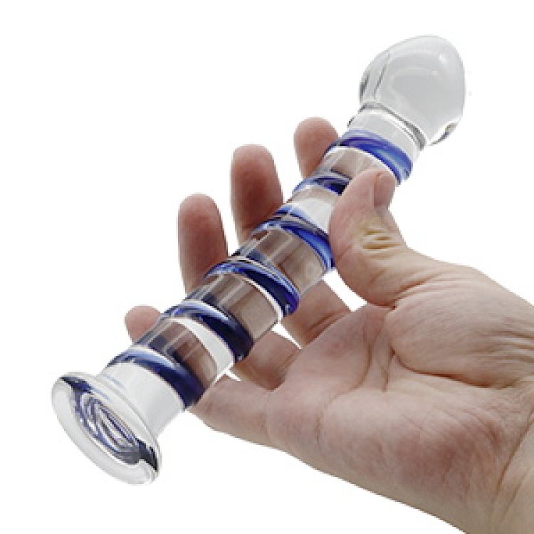 SMD Celestial, Glass Dildo with Blue Raised Spiral Texture & Mushroom Tip 17cm, Clear / Blue