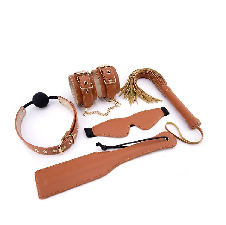 Dream Τoys Blaze Elite BDSM Set, Handcuffs, Ball gag,Eye mask,Paddle,Flogger, Vegan Leather, Cognac Brown