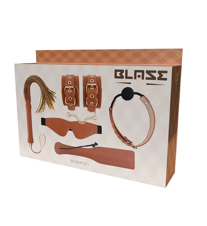 Dream Τoys Blaze Elite BDSM Set, Handcuffs, Ball gag,Eye mask,Paddle,Flogger, Vegan Leather, Cognac Brown