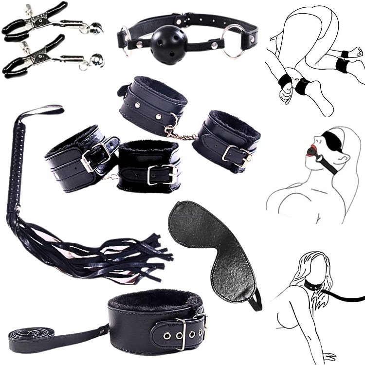SMD Erotique - First Ties Bondage & Restraint Starter Kit, Complete BDSM Set with 7 Accessories in Vegan Leather, Black