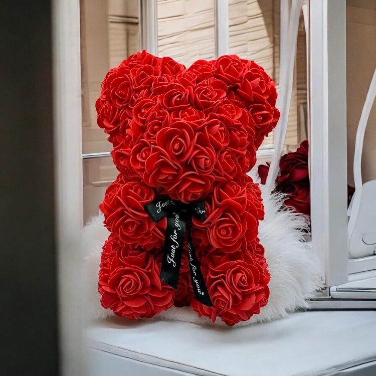 Forever Rose Teddy Love Gift, Χειροποιήτο Διακοσμητικό Αρκουδάκι με Τριαντάφυλλα 25εκ, Red/Κόκκινο