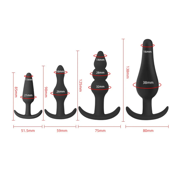 SMD Anal Challenge, Silicone Anal Plug Set With T-Bar, Multiple Shapes for Diverse Stimulation, Σετ των 4, Black