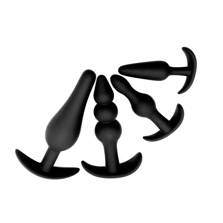 SMD Anal Challenge, Silicone Anal Plug Set With T-Bar, Multiple Shapes for Diverse Stimulation, Σετ των 4, Black